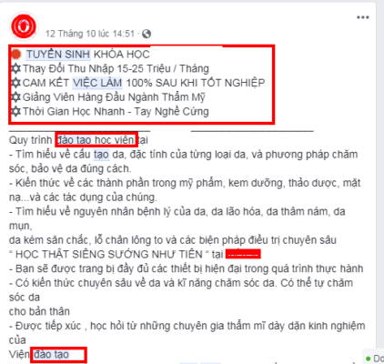 Ví dụ về Content quảng cáo FB chứa từ cấm liên quan đến đào tạo, tuyển sinh